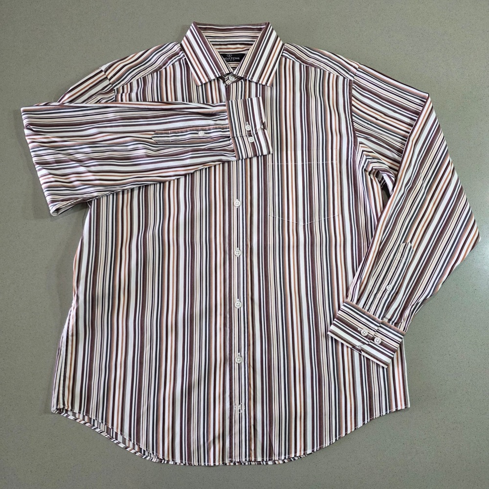 Bugatchi Uomo Mens Large Brown Multi Color Striped Long Sleeve Button Down Shirt